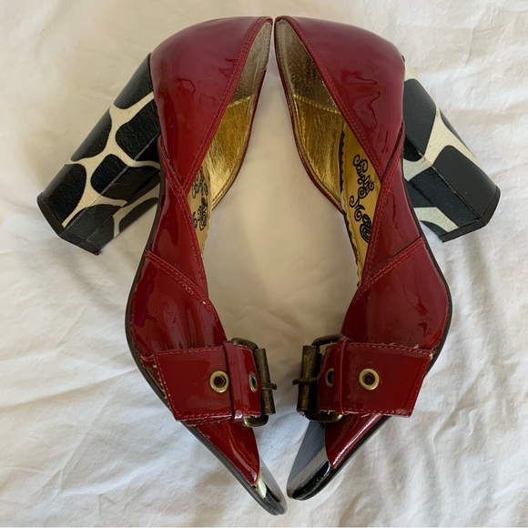 Naughty Monkey red patent and cow print asymmetric heels open toes buckle strap - Picture 5 of 16